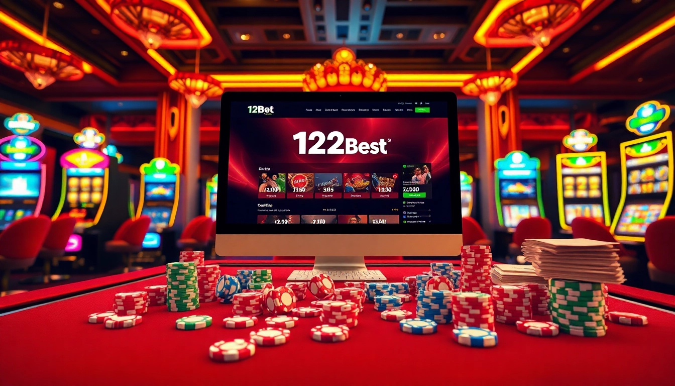 Experience the excitement of online gambling with link 12bet displayed on an elegant casino table scene.