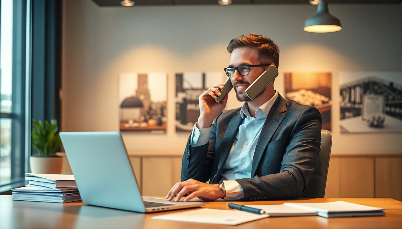Headhunter Gastronomie in einem modernen Büro, lächelnd am Telefon.