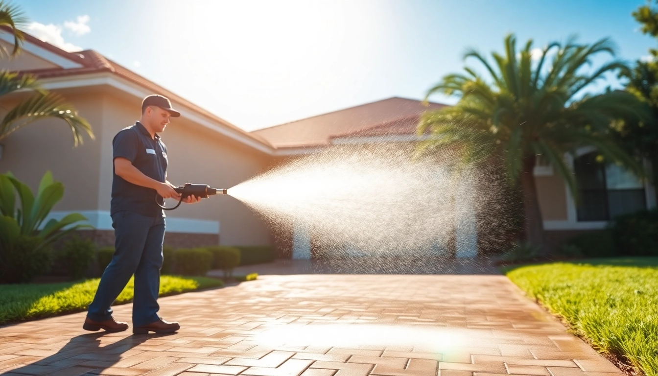 Driveway pressure wash transforming a home in Kissimmee with sparkling clean results.