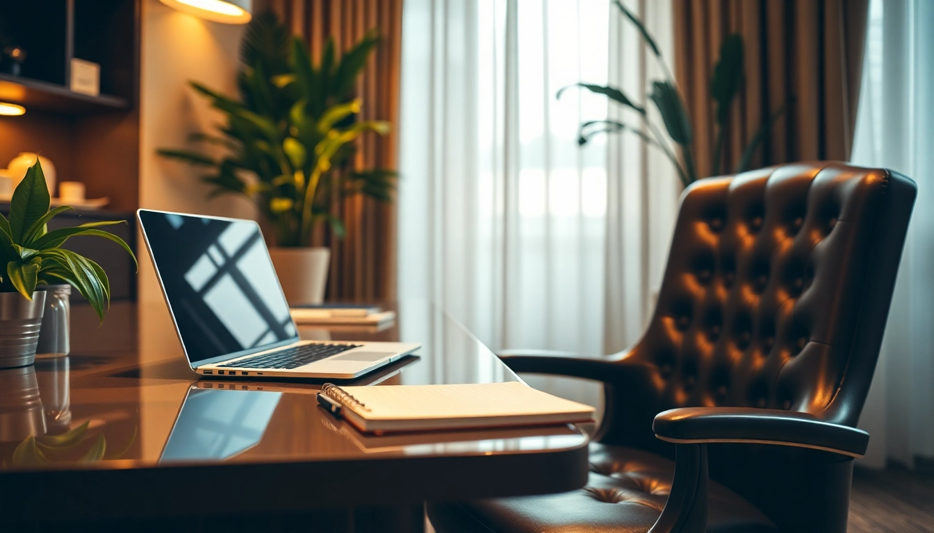 Headhunter Gastronomie in a luxurious office, featuring a stylish desk and laptop for recruitment.