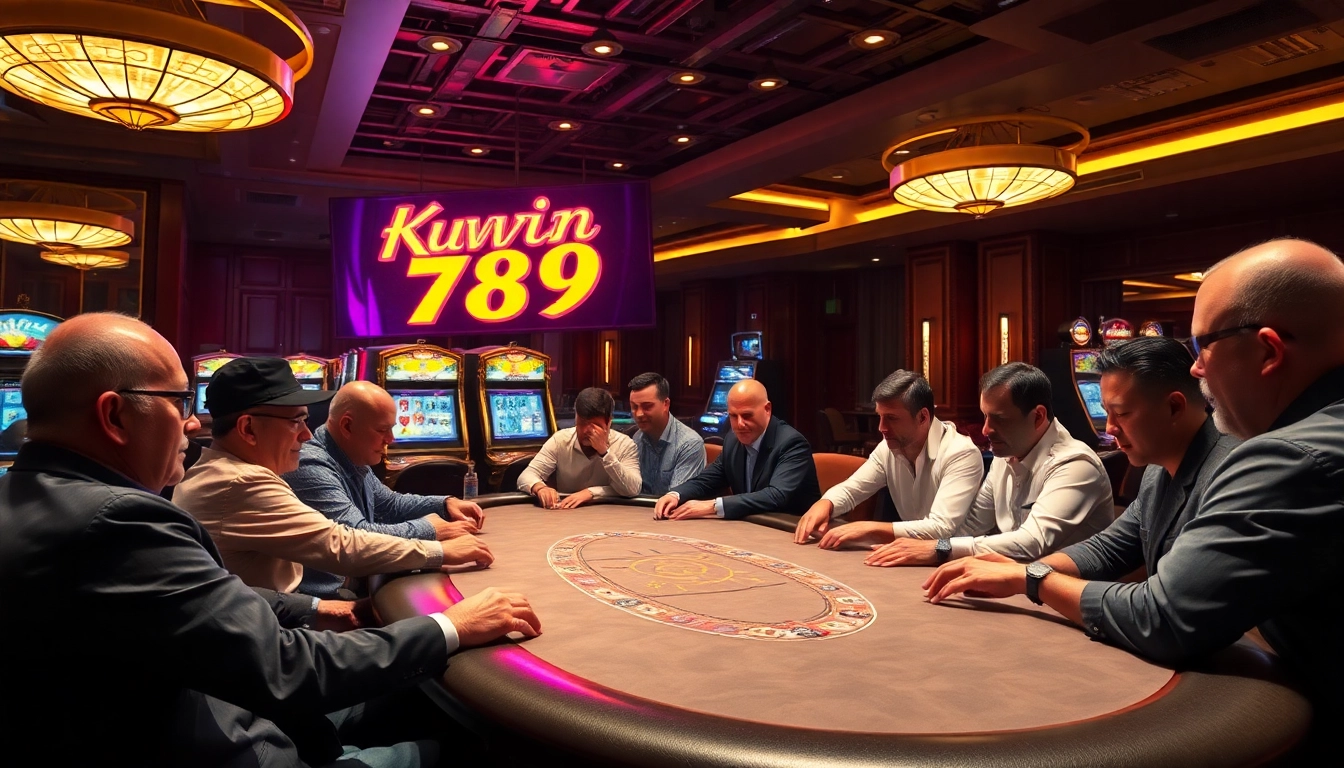 Exciting gambling scene at Kuwin 789's casino with poker tables and slot machines.