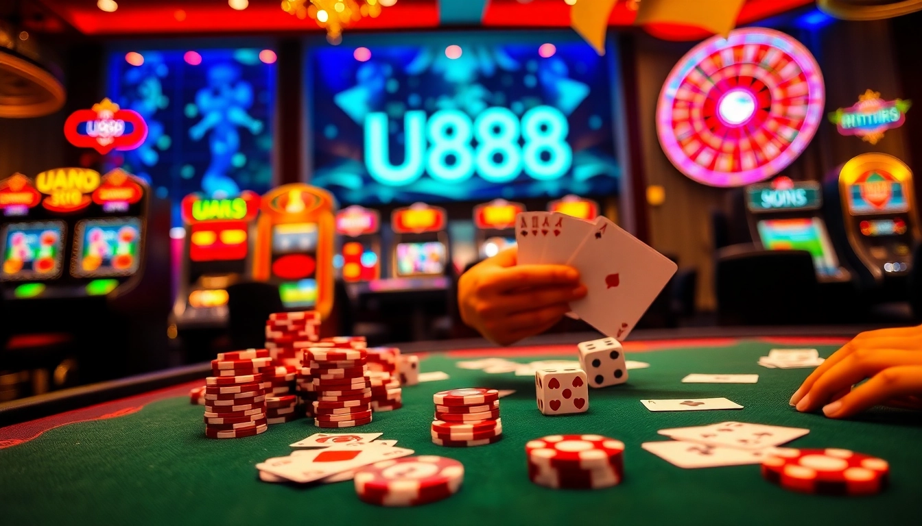 U888 casino scene showcasing a lively poker table with chips and cards.