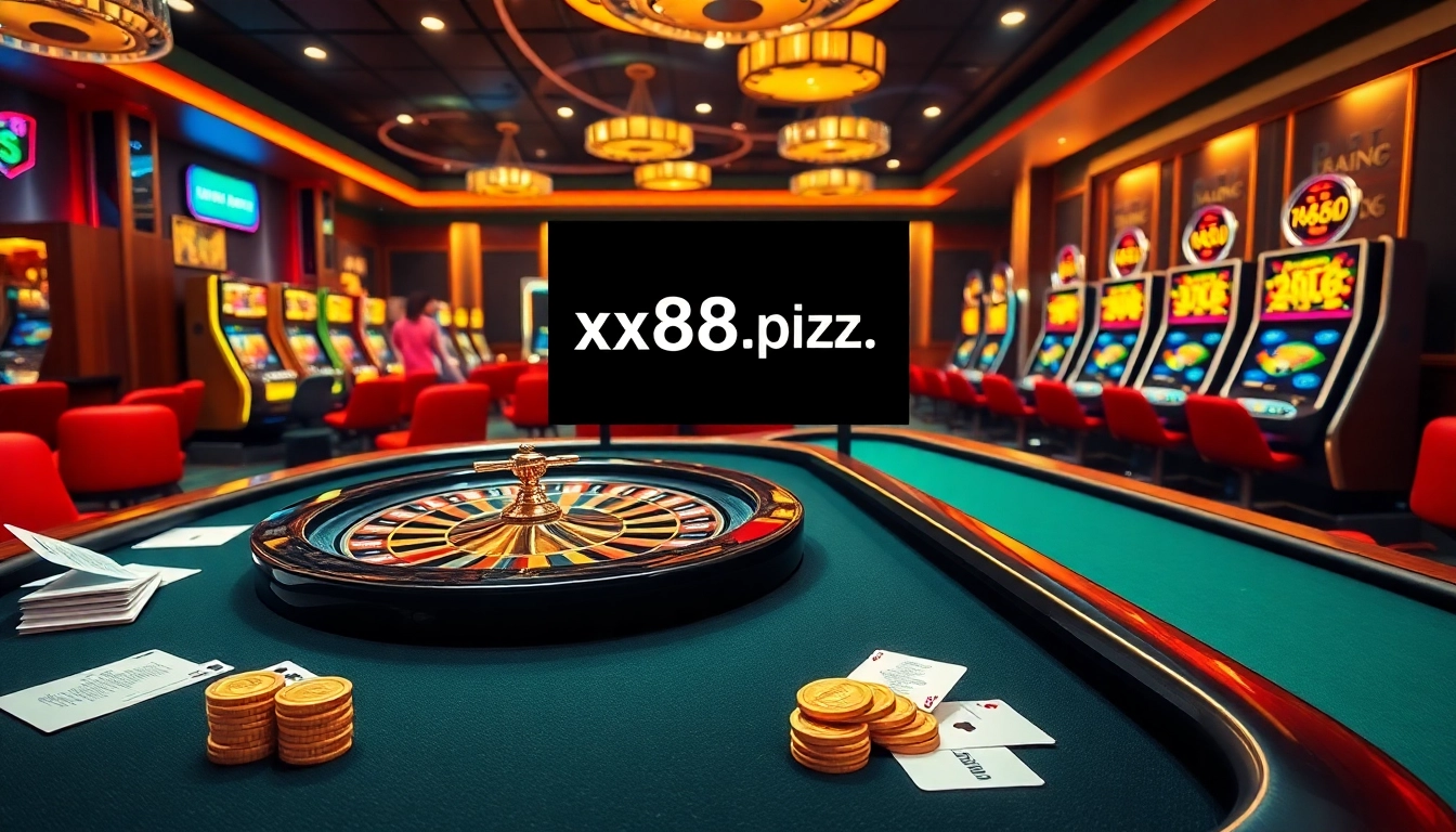Players engaging in high-stakes games at XX88.pizza, showcasing casino excitement with roulette, poker chips, and bright slot machines.