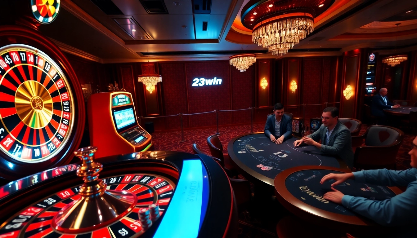 Excited players engaging in a high-stakes game at 23win casino, featuring vibrant roulette and slot machines.