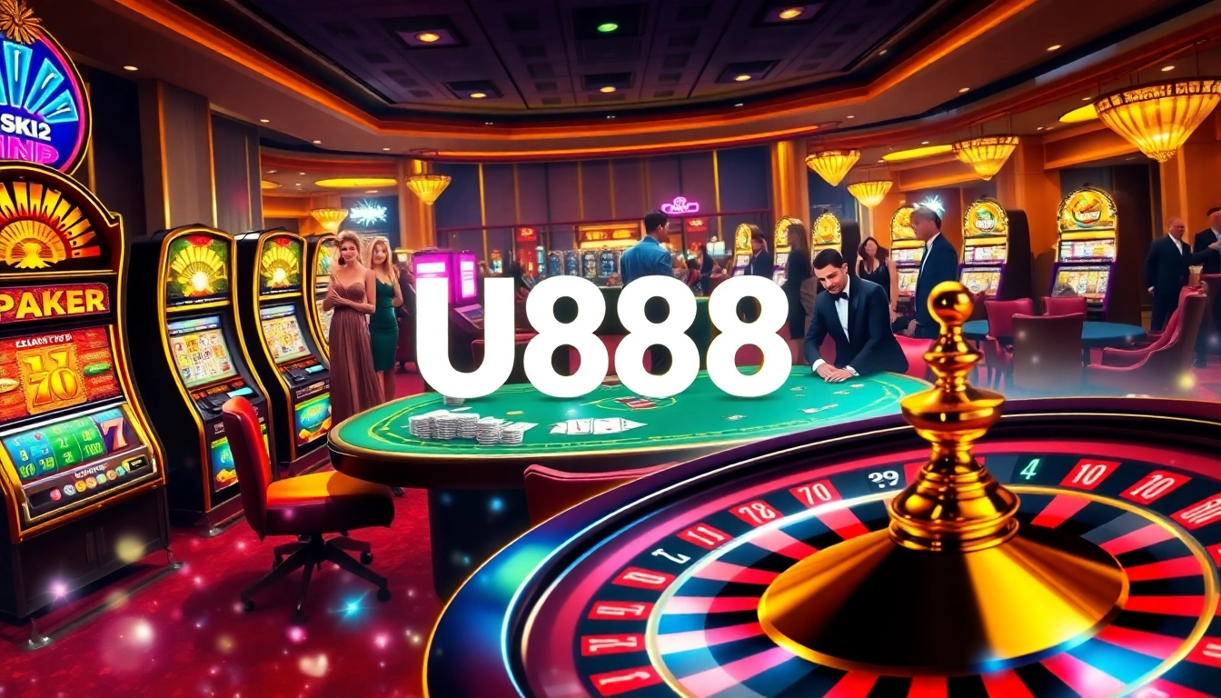 Experience the excitement of u888 with vibrant casino gaming visuals featuring poker, slots, and roulette.