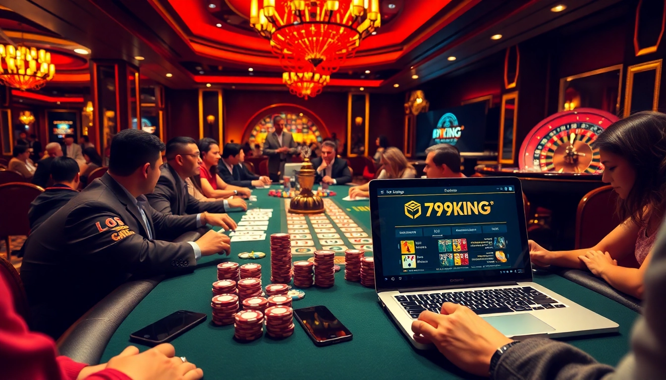 Players enjoying a high-stakes poker game at 79KING casino, showcasing excitement and luxury.