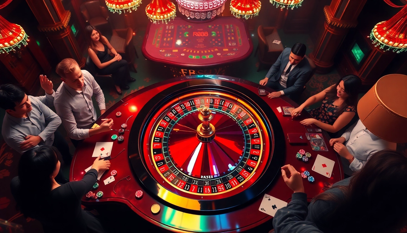 Exciting casino scene featuring roulette and joyful gamblers engaging in RR88 betting.
