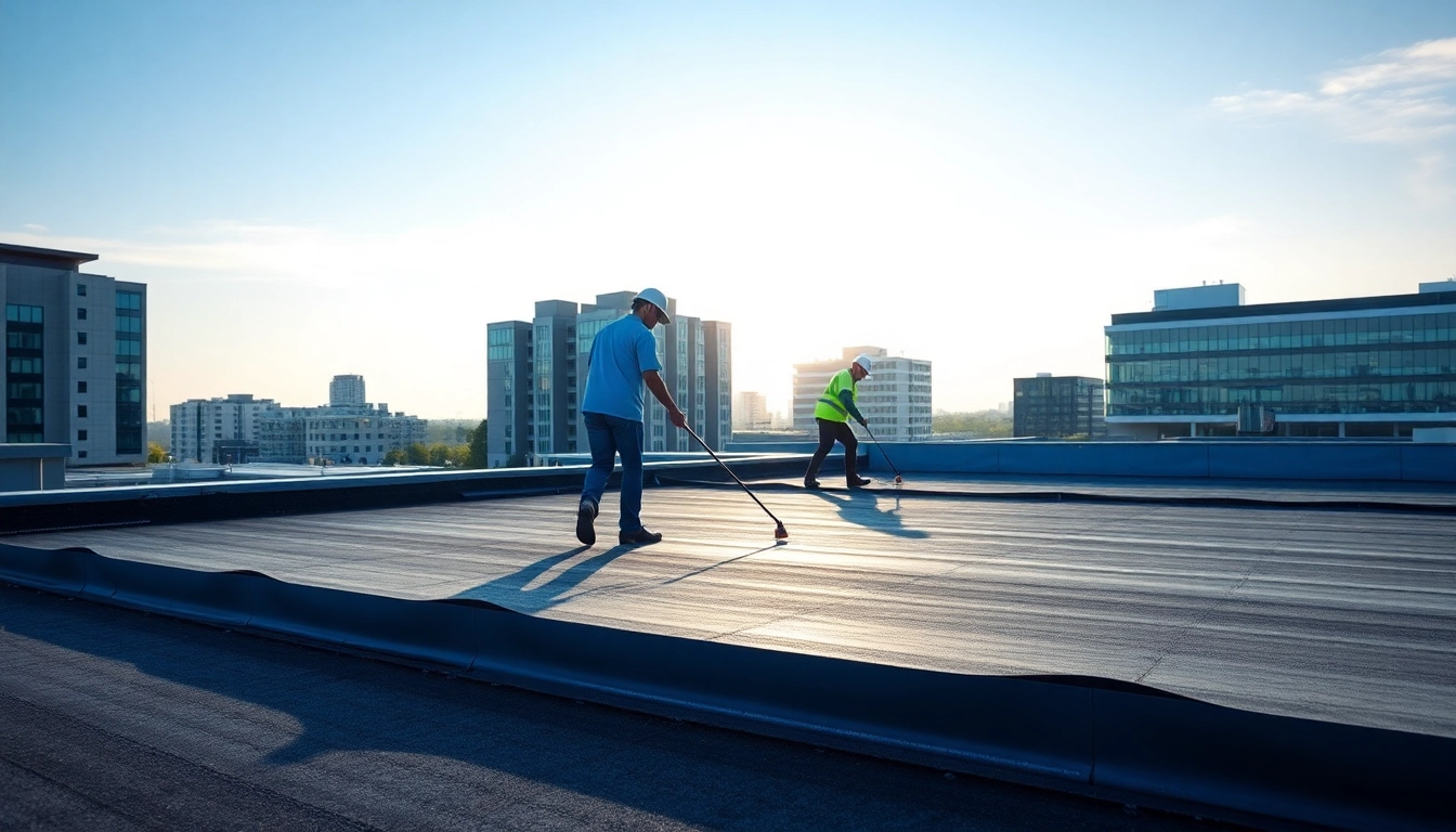 Wirtschaftliche Flachdachsanierung zeigt effiziente Techniken in einer urbanen Umgebung.