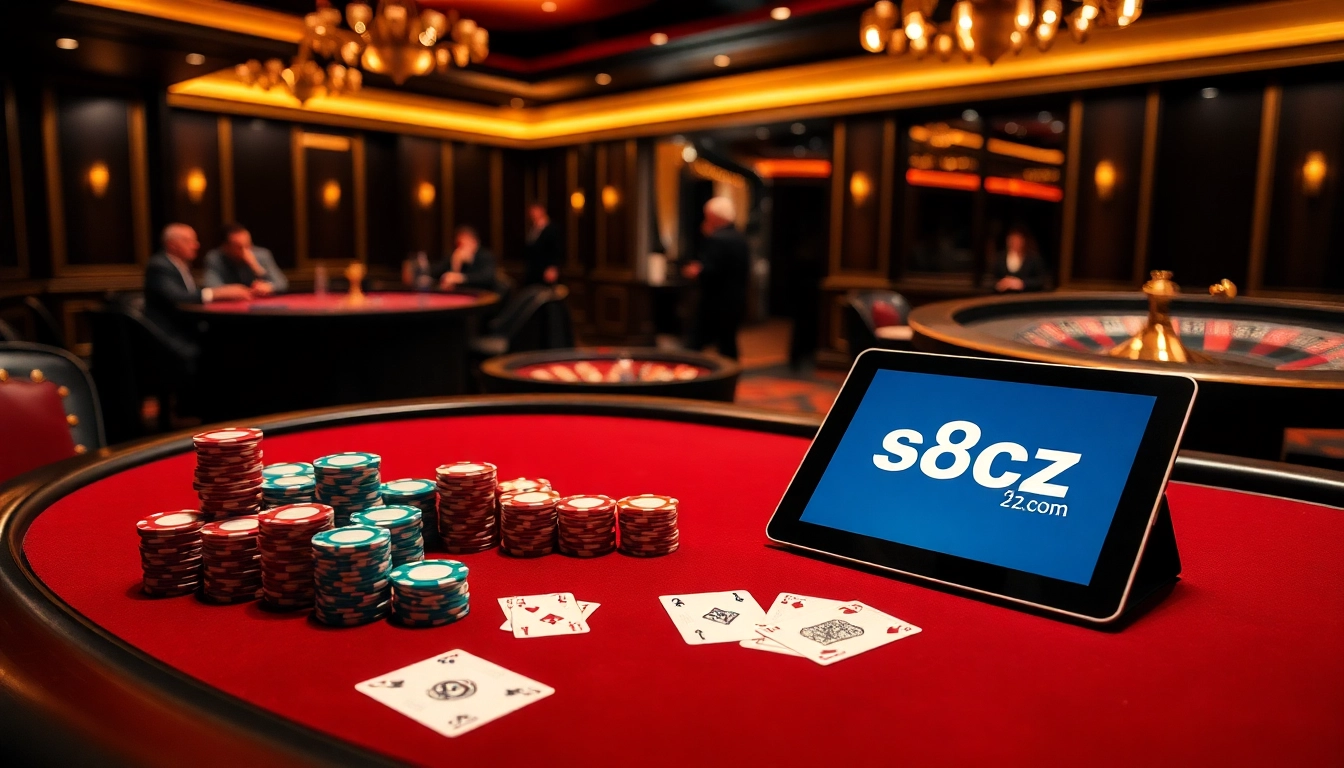 Join the thrill at s8cz.com with a luxurious casino setting featuring poker and roulette.