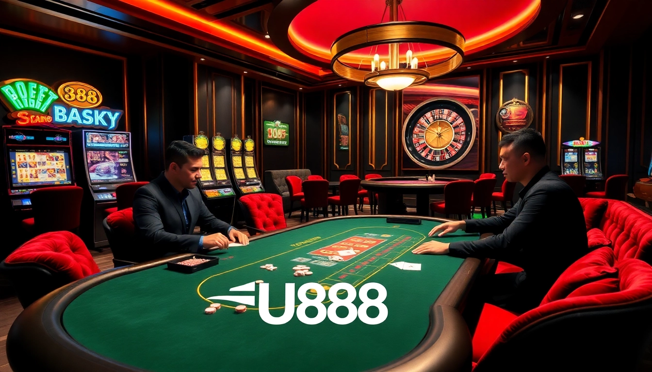 Engaged players at U888 poker table, showcasing excitement and luxury in a vibrant casino setting.