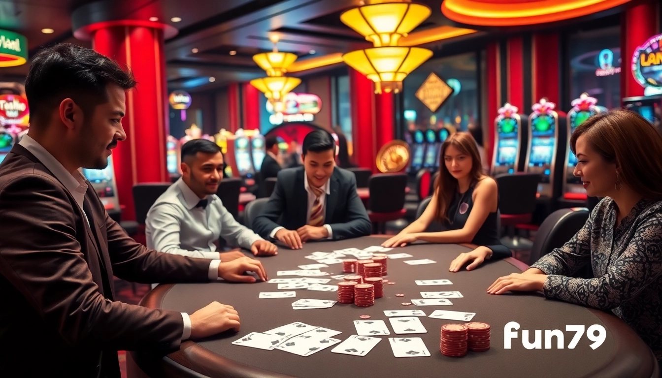 Players engaging in thrilling games at nhà cái fun79, surrounded by luxurious casino decor and vibrant slot machines.