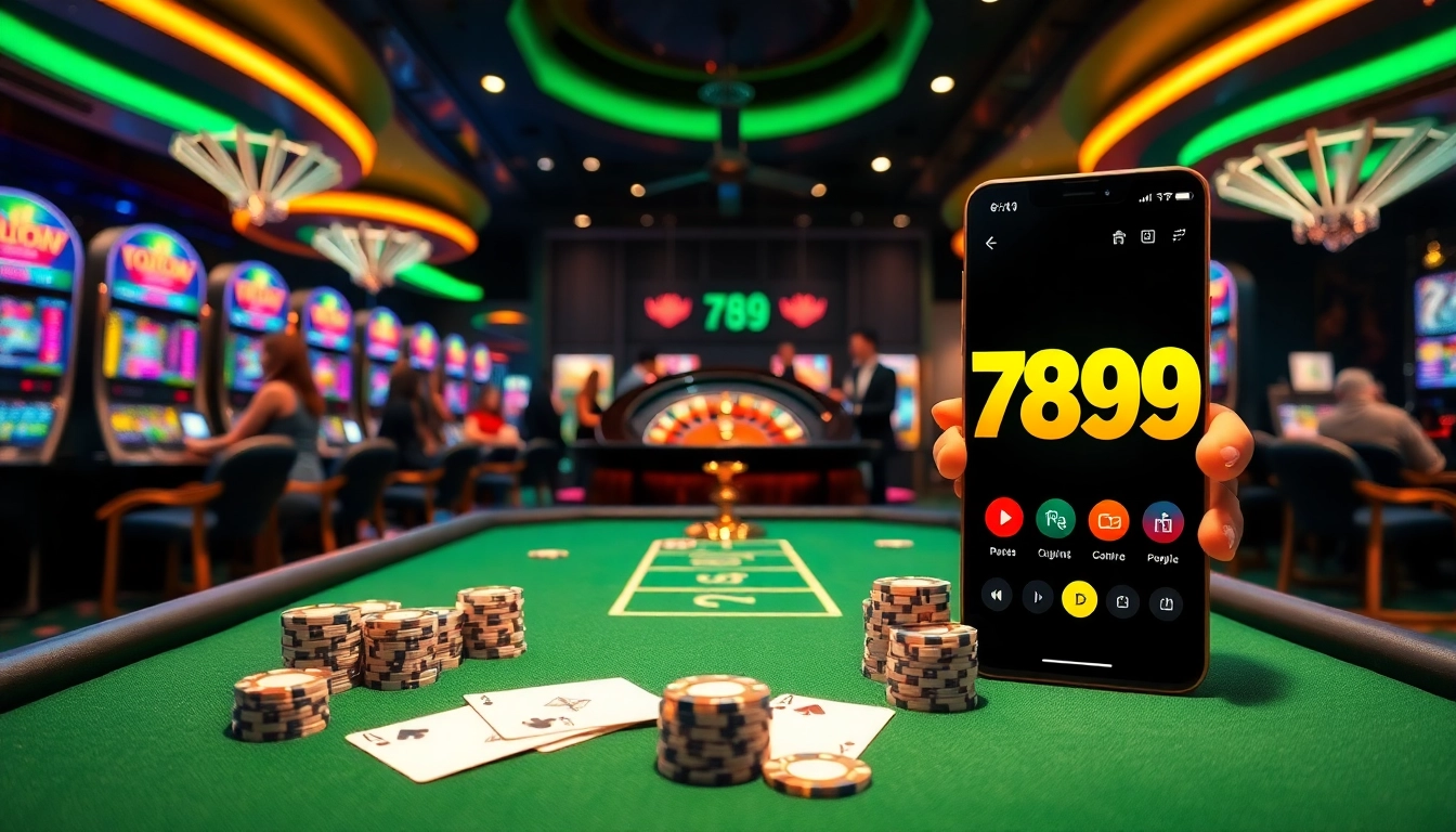 Experience the excitement of 789 win with vibrant casino visuals featuring poker tables and slot machines.