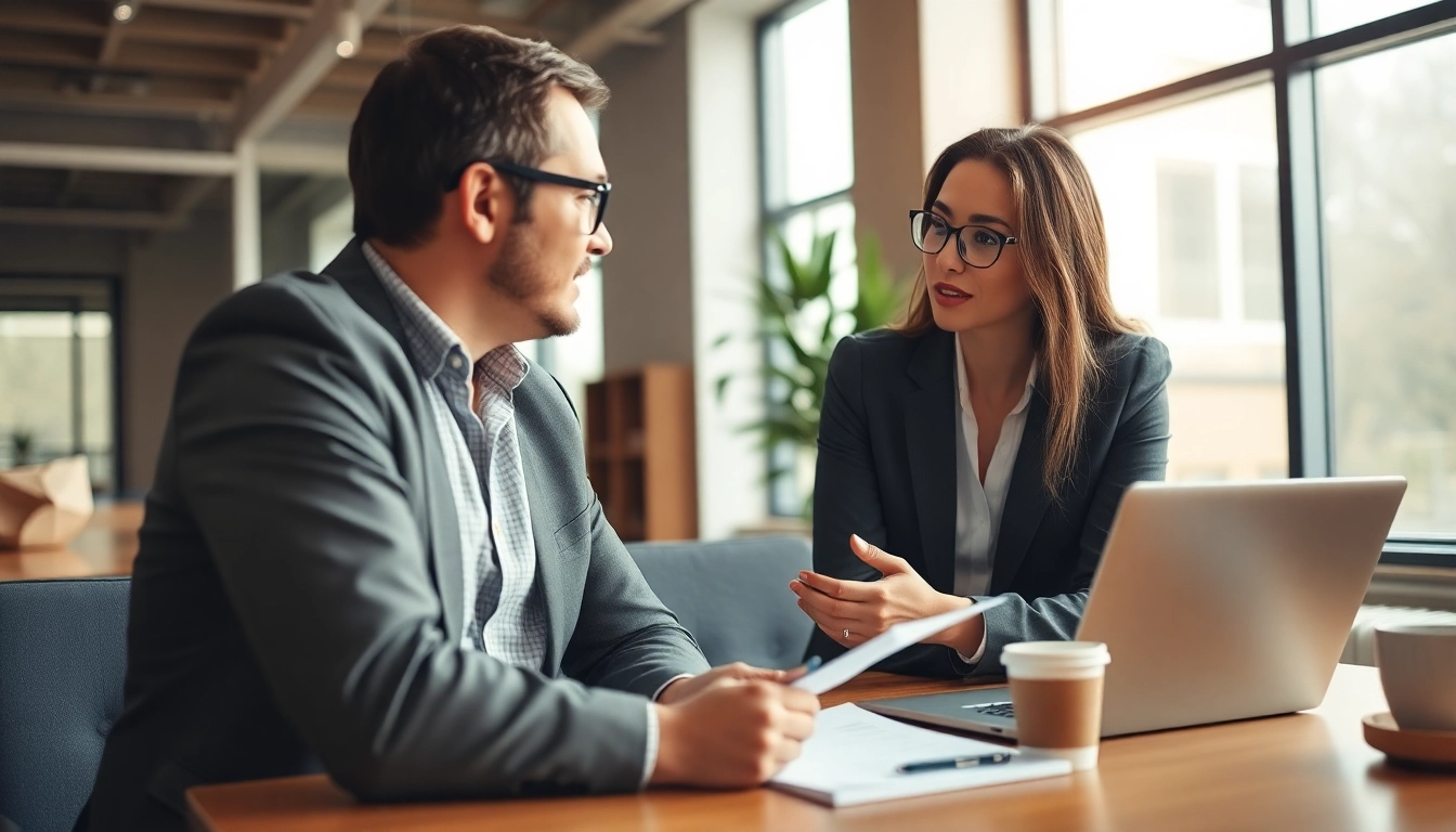 Interviewer and candidate discussion with Headhunter Schweiz focus in bright office.