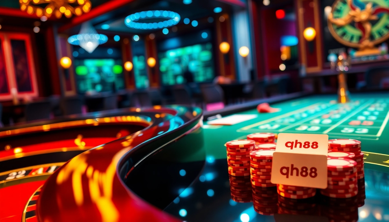 Engage with exciting qh88 gaming action at a luxurious casino table featuring roulette and poker chips.