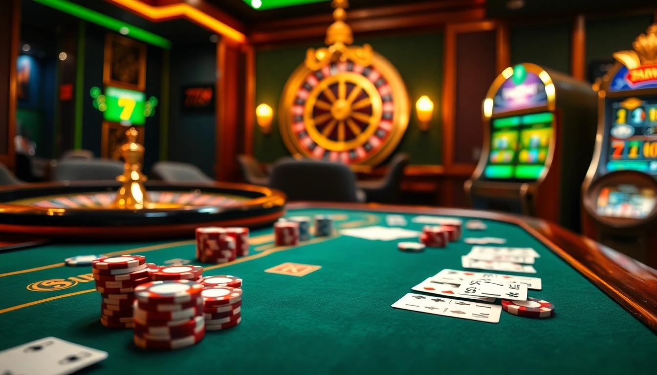 Engaging casino scene highlighting 789win bị chặn with poker chips and slot machines.