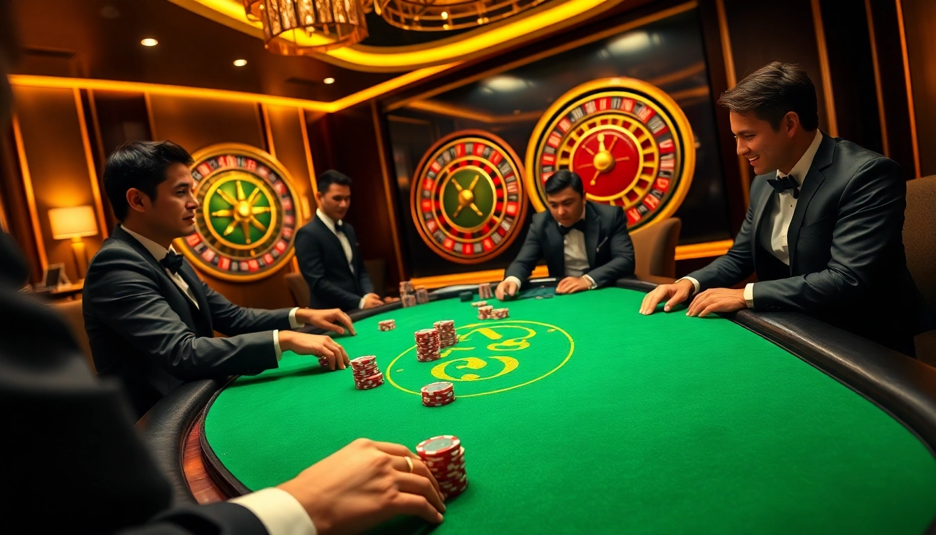 Players gamble at the NK88 casino table, showcasing excitement amidst warm lighting and luxury.