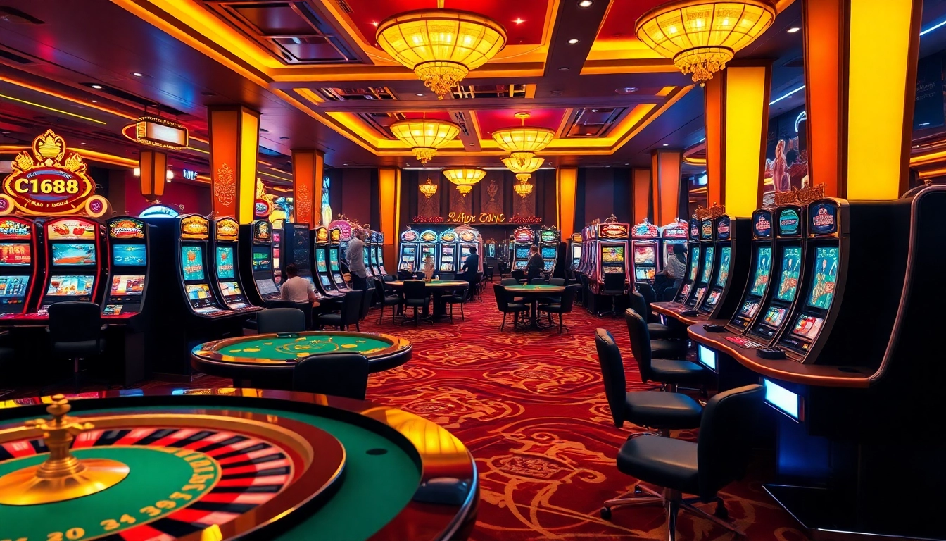 Players enjoying c1688-themed games in a luxurious casino filled with excitement and vibrant atmosphere.