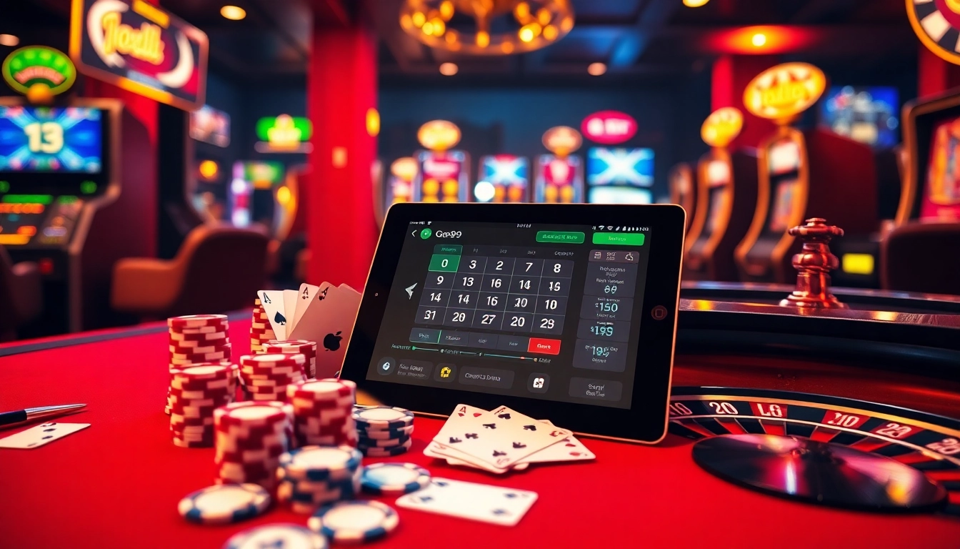 Experience the thrill of online gambling at Go99 with vibrant visuals of games and casino elements.