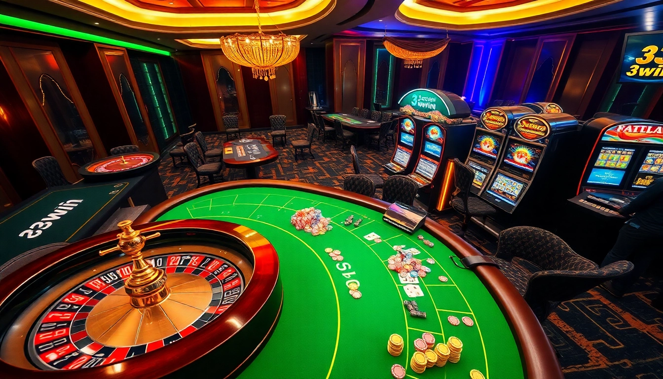 33win players enjoying an immersive online casino experience with lively tables and slot machines.