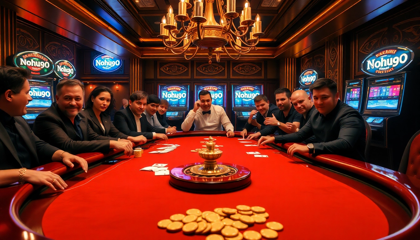 Nohu90 players engaging at a premium poker table amidst vibrant casino excitement