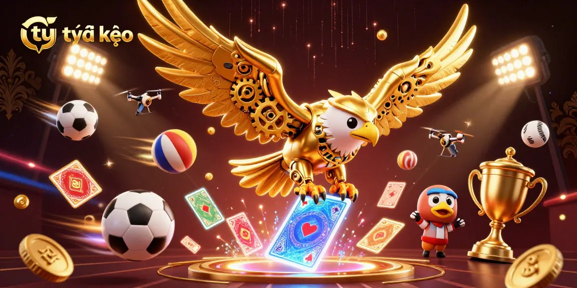 Explore dynamic matches with tỷ lệ kèo as a 3D golden eagle dives among vibrant sports elements.