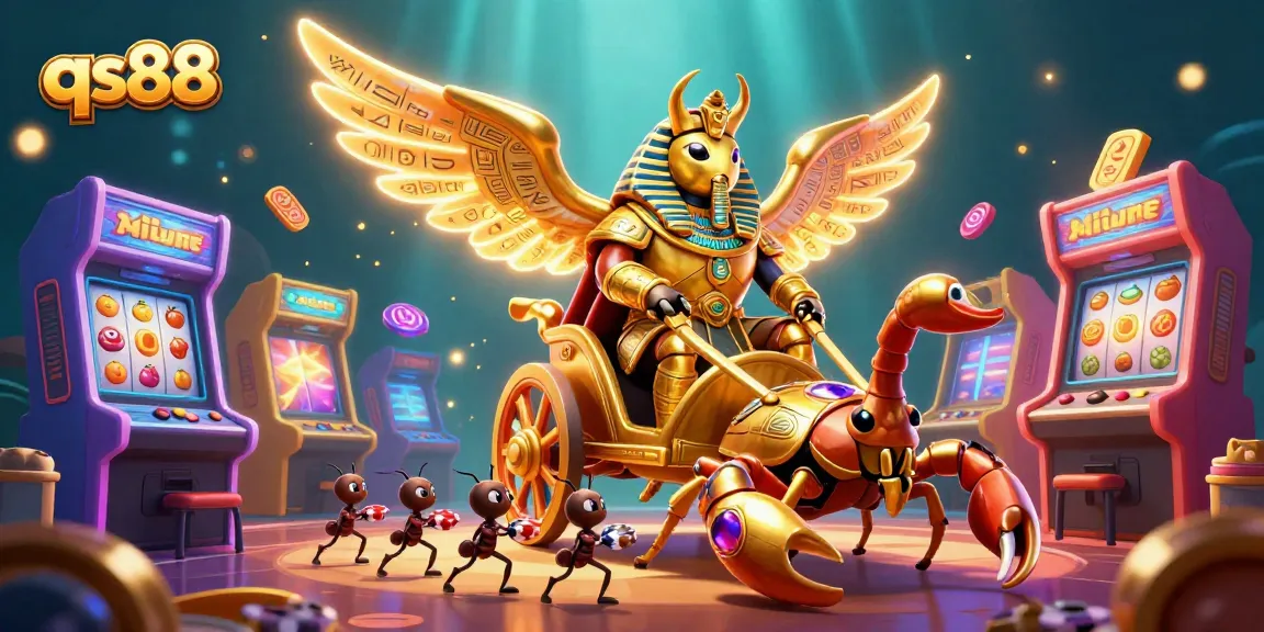 Experience the excitement of qs88 with a golden scarab beetle in a vibrant casino-themed scene.