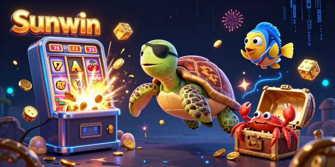 Win big with Sunwin in this vibrant 3D casino illustration showcasing a lively jackpot scene.