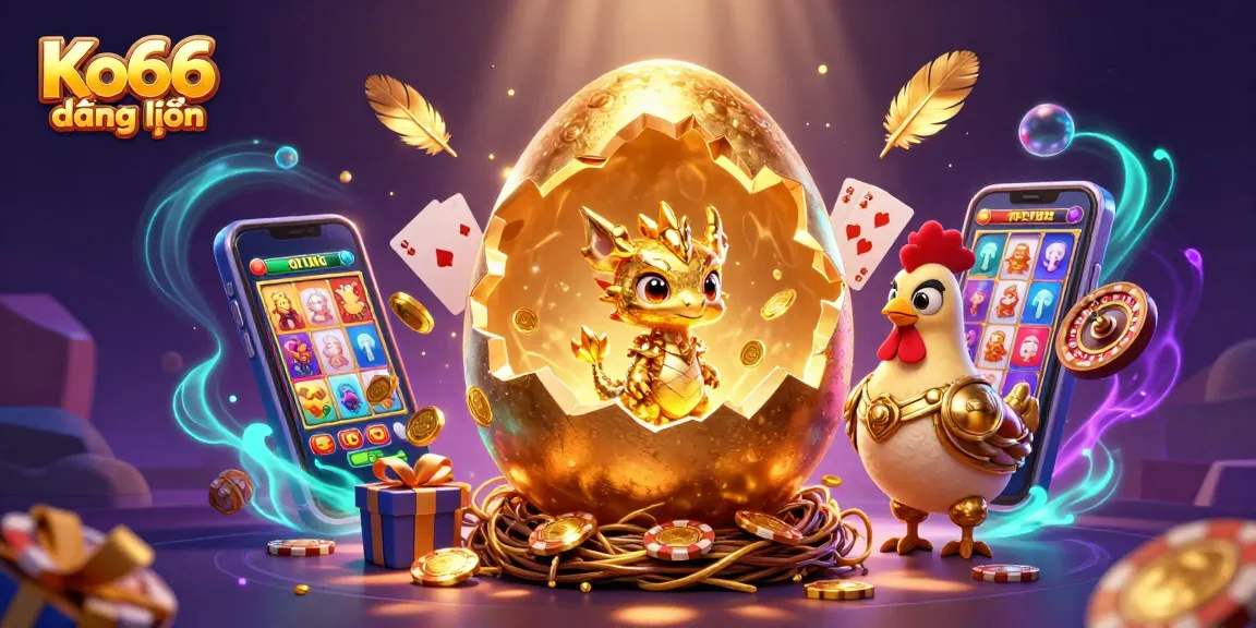 Experience Ko66 đăng nhập as a golden dragon emerges from a colossal egg amid a vibrant casino scene.