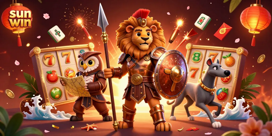 Join the sun win adventure with characters in a vibrant casino scene featuring spinning slot reels and golden rewards.